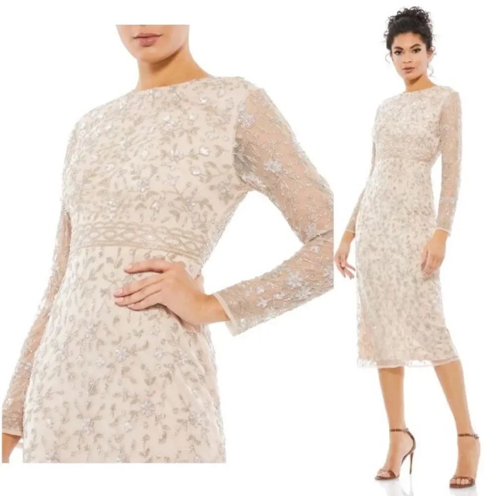 Mac Duggal 10812 Porcelain Beaded Tea Length Dress Sheer Sleeves 6 NWT